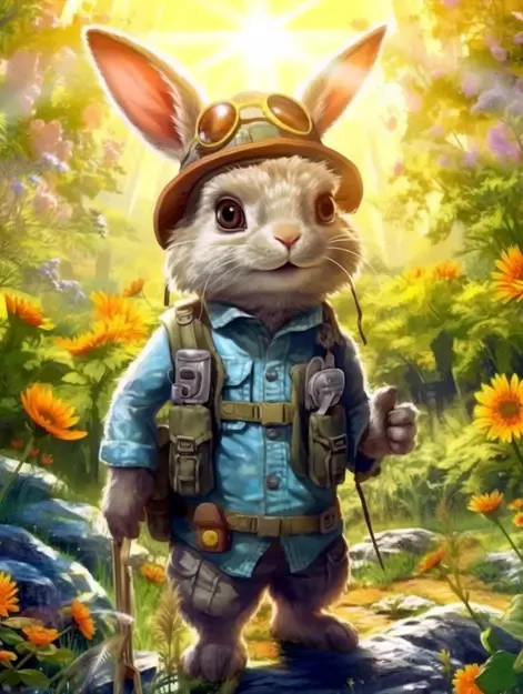 Bunny in explorer clothes on a sunny afternoon in the forest with abundant plants and flowers