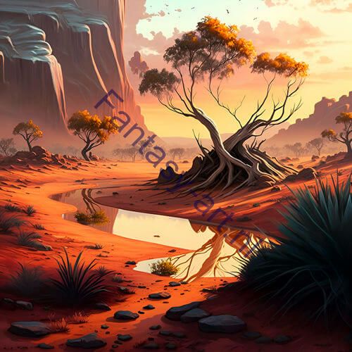 An image of an Australian desert landscape with rocks and trees