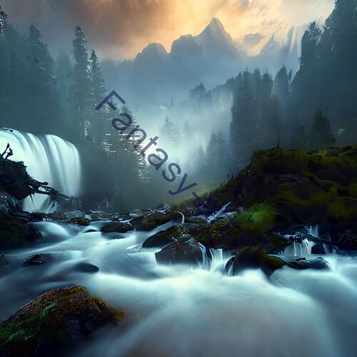 A matte image of a waterfall flowing through a lush green forest