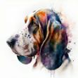 A digital art piece of a Basset Hound's face in close-up, created using a combination of watercolor and digital art.