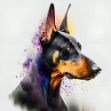 a close-up of a Doberman Pinscher with paint splatters on its face