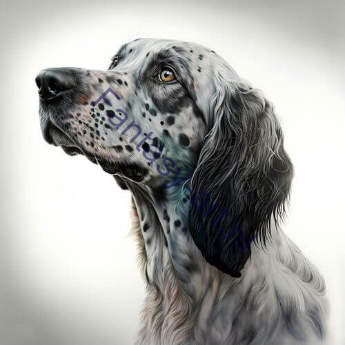 a close-up of an English Setter on a white background