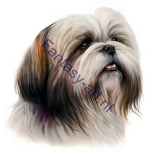 a close-up of a Lhasa Apso on a white background, a digital painting