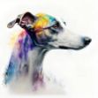A close-up of a Whippet dog on a white background, captured in an elegant and graceful manner using airbrush and colorful ink. A true masterpiece illustration.