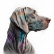 A close-up of a Weimaraner's face on a white background, featuring pastel colors, airbrushing and color splash technique for an elegant and striking digital painting.