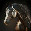 Digital painting of a Varnish Roan horse in a close-up, dappled in evening light with swirling black hair, gleaming silver and rich colors - a realistic and detailed illustration