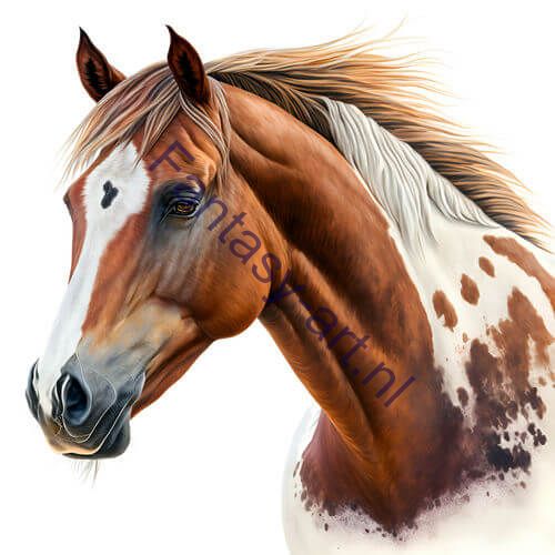 A beautiful photorealistic digital painting of a Sorrel Pinto horse, captured in stunning detail with airbrush techniques and rich acrylic colors. The clear background and white background provide a modern and sophisticated look.