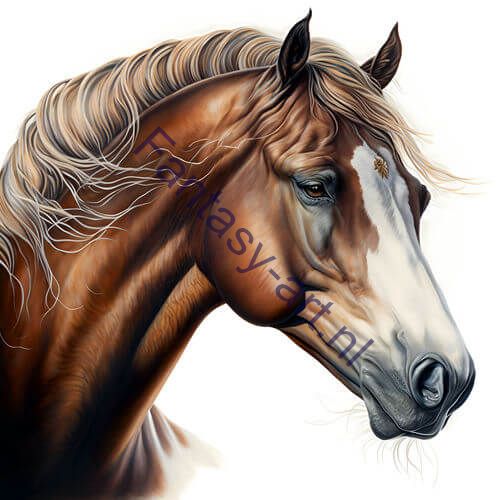 Hyperrealistic airbrush painting of a Red Dun horse with a wind-swept mane and white head in a three-quarter profile. 