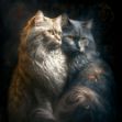 Two cats sitting close to each other in a warm embrace, with vibrant colors and a glowing effect