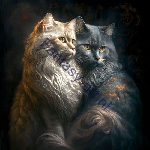 Two cats sitting close to each other in a warm embrace, with vibrant colors and a glowing effect
