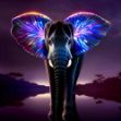 Large elephant standing serenely beside a body of water with butterfly lighting in vivid colors for a trippy black light effect