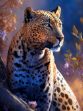 A painting of a leopard sitting on a tree branch with intricate details and a sapphire background