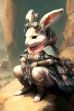 Bunnypunk fantasy portrait featuring a white rabbit in intricate fur armor holding rifles in a sand desert fantasy world