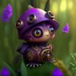 Whimsical steampunk design illustration of a cute purple creature sitting on a lush green field with a blue sky in the background