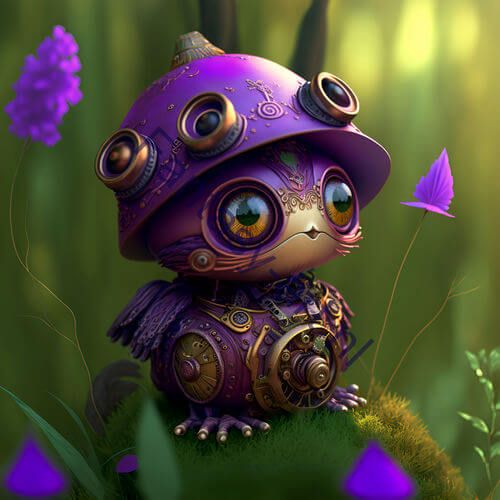 Whimsical steampunk design illustration of a cute purple creature sitting on a lush green field with a blue sky in the background