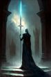 Fantasy art painting of a dark elf man holding a sword in front of a gothic castle, with long white hair, in an Elden Ring style, creating a dark ominous mood.