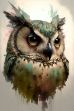 Detailed upper body shot of an owl sitting on a tree stump depicted in a watercolor airbrush painting with splatter and intricate details