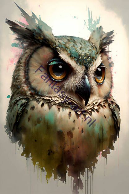 Detailed upper body shot of an owl sitting on a tree stump depicted in a watercolor airbrush painting with splatter and intricate details