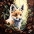 Close-up of an airbrush painting of a fox hiding behind foliage in the woods with a bashful expression and lush scarlet fur
