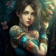 A digital painting of a woman with a tattoo on her arm surrounded by intricate humanoid flora, created using advanced digital anime art techniques.