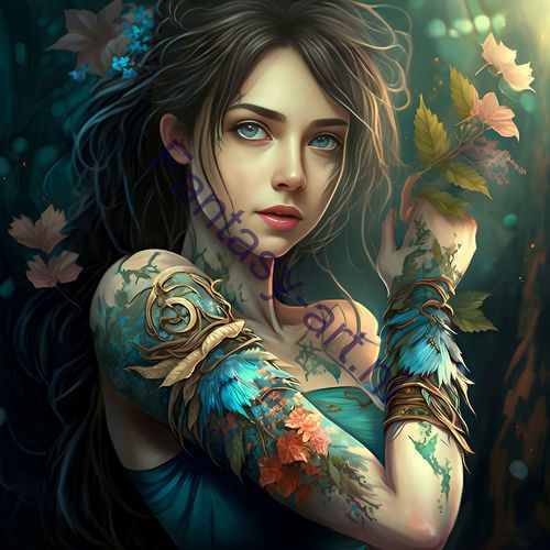 A digital painting of a woman with a tattoo on her arm surrounded by intricate humanoid flora, created using advanced digital anime art techniques.