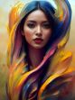 A digital painting of a beautiful yellow Asian girl with rainbow-colored hair, created using airbrush techniques and 8k post-processing for a stunning, abstract and visually appealing masterpiece.