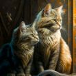 High-quality digital art of two cats sitting next to each other with intricate details and soft glowing windows in the background.