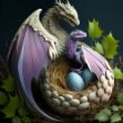 A white and purple dragon seated on a nest filled with eggs, surrounded by lush green foliage