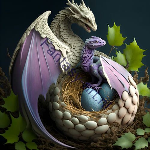 A white and purple dragon seated on a nest filled with eggs, surrounded by lush green foliage