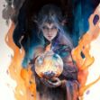 Fantasy art painting of a beautiful ancient frost witch holding a fishbowl surrounded by a glass flame in a watercolor and oil paint style with intricate details