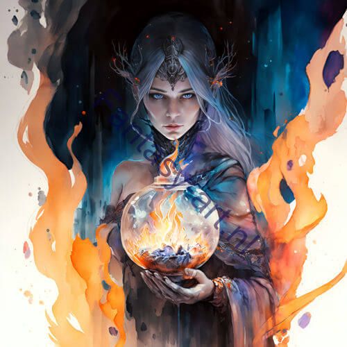 Fantasy art painting of a beautiful ancient frost witch holding a fishbowl surrounded by a glass flame in a watercolor and oil paint style with intricate details