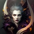 Beautiful female vampire queen with an evil expression in a fairy-tale illustration style, embodying the essence of an autumn spirit.