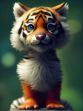 Close-up view of a cute toy tiger on a stump, in a beautiful HD digital painting showcasing intricate details and textures of the tiger's furry coat and facial features.
