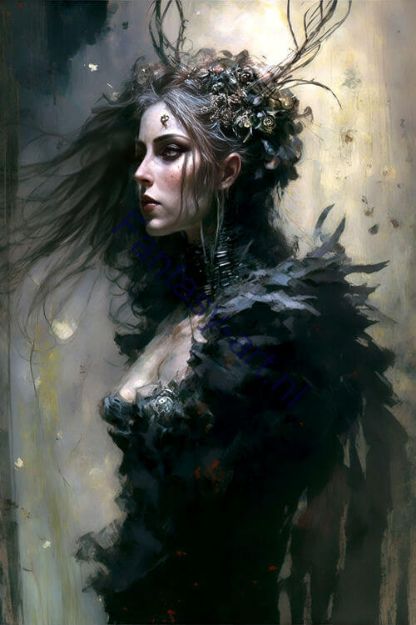 A painting of a young witch with a crown on her head, wearing a gothic dress and surrounded by an ethereal atmosphere of gothic art.