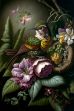 Colorful bird sitting on a tree branch in a still life painting with flowers and fruit. 