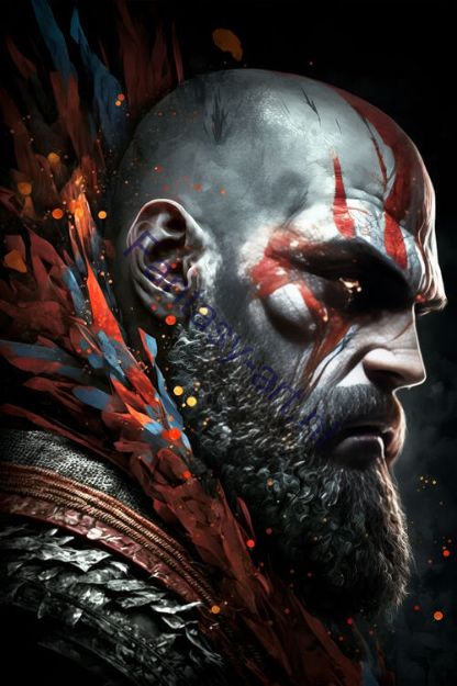 Ultra-high definition portrait of Kratos, the iconic gaming hero, with a full beard and intense expression in a square format.