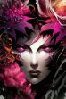 Close-up image of Gothic Flower Goddess with flowers around her head, fuchsia skin, goth makeup, and intricate armor,
