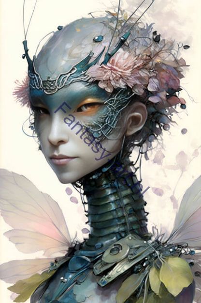 Dragonfly Warrior Queen portrait of a flower fairy with pale bluish synthetic bio skin and cybernetic machine female face and insectoid wings