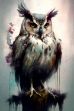 Detailed full body shot of an owl sitting on a tree stump depicted in a watercolor airbrush painting with splatter and intricate details