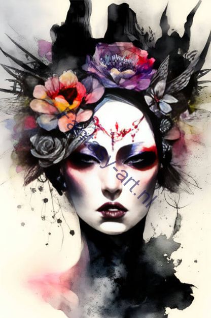 A painting of a glamorous and alluring geisha with an intricate headpiece made of flowers in her hair.