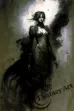Dark watercolor painting of an elegant demon queen in a dress, depicted in gothic art style, with a grungy texture and a dark fantasy color scheme. The woman appears to be floating, adding to the surreal atmosphere of the artwork.