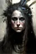 Painting of a dark dramatic ethereal woman with feathers on her head and humanoid flora in high detailed gothic art style.