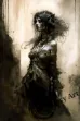 Watercolor painting of a beautiful and ethereal woman with long curly hair and intricate costume design, perfect for fashion concept art and gothic art enthusiasts.