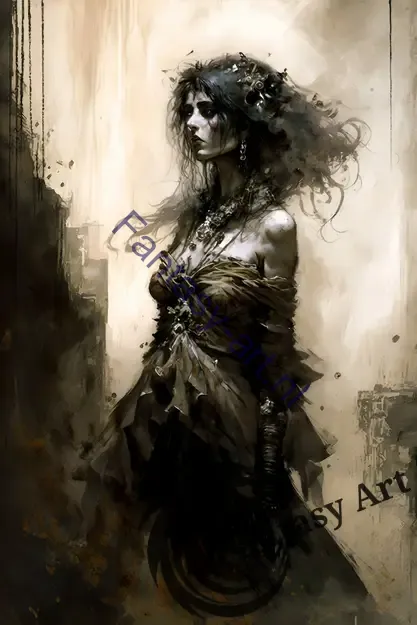 Watercolor painting of a beautiful and ethereal woman with long curly hair and intricate costume design, perfect for fashion concept art and gothic art enthusiasts.