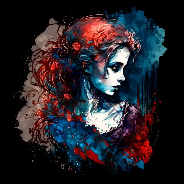 Beautifully Designed Character Illustration with Gothic and Baroque Influences in Red and Blue