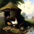 Oil painting of chickens and ducks in front of a rustic hut in an 18th-century barnyard, perfect for home decor or art collection.