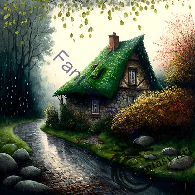 Highly detailed realistic painting of a cabin in the forest on a rainy day, featuring green moss, cobblestone, and a pastel color palette.