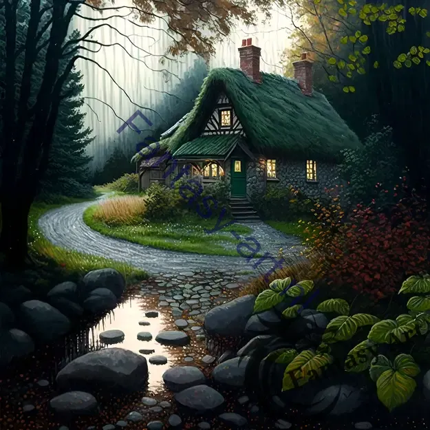 Highly detailed painting of a charming cottage in the woods, surrounded by pastel-colored leaves, with cobblestone roads and a green roof