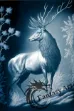 An airbrushed painting on canvas of a majestic stag standing next to a tall tree in the forest, in shades of blue with intricate patterns and ornate detail