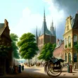 A painting of a bustling Western European street in the 19th century featuring a horse-drawn carriage and a market, with a gothic cathedral in the background.